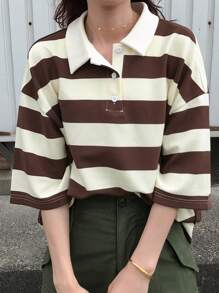 FRIFUL 女士宽松条纹 T 恤，Polo 领，短袖，休闲夏装，返校服装 - 棕色 - 查看 3