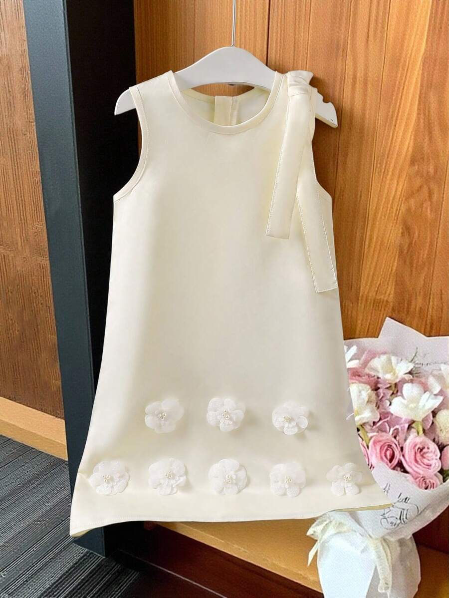 Vestido holgado sin mangas con decoración de mariposa y flores para niñas, atuendo informal - Blanco - Ver 1
