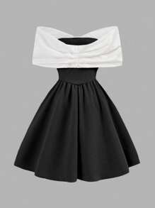 Tween-Mädchen Kleid , Off-Shoulder, Schleife, kurzer Glockenrock, elegant, lässig für Urlaub, Rüschenbesatz, rosa, Frühlings-/Sommerpartykleider, klassische Kleider - Schwarz - Übersicht 2