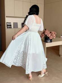 Flirla Elegant Lace Ruffle Sleeve Dress, Flattering Waistline Design, Fashionable & Chic, Beautiful For Vacation, Sundress, Birthday Party, Beach, Summer - White - View 3