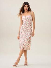 SHEIN Unity Women's White Floral Summer Casual Party Bodycon Dress,Elegant Spaghetti Strap Mid-Length Printed Vacation Beach Dresses, Hawaii Holiday Outfits - Multicolor - View 4