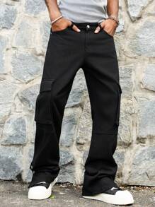 Manfinity Roghcode Men's Cargo Loose Straight Leg Jeans, Casual Versatile Denim Pants - Black - View 4