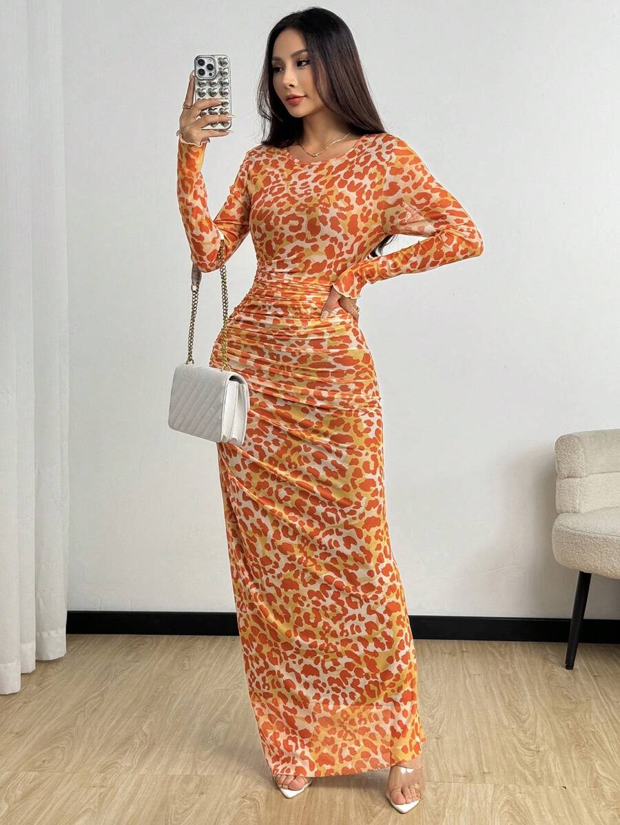 Rafferiza Women Elegant Leopard Print Fitted Mesh Sheer Long Sleeve Dress, Suitable For Spring And Autumn Maxi Women Outfit Fall Cloth For Women - Orange - View 1