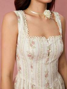 Enchnt Spring/Summer Romantic Women's Apricot Little Rose Print Square Neck Ruched Cross-Tie Back Sleeveless Princess Long Dress,Sweet&Elegant For Vacation&Date&Holiday&Party&Graduation&Wedding Guest&Beach&Boho Chic,Prom Dress,Summer Dresses For Women,Sun Dresses For Women,Summer Clothes, ,Elegant Dresses For Party - Baby Pink - View 2