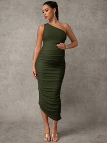 MaterniChic Đầm suông không tay màu trơn có viền bèo nhún cho bà bầu - xanh quân đội - Xem 3