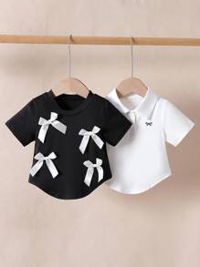 2 piezas Blusa para niñas bebé de unicolor con cuello vuelto y lazo 3D. Con diseño de unicolor que muestra un estilo dulce y lindo. El diseño de cuello vuelto ofrece un aspecto clásico y elegante. Los adornos de lazo 3D en el cuello y el Body incorporan hábilmente elementos dulces y de moda, resaltando las características activas y adorables de las niñas bebé. La silueta ajustada y las líneas suaves favorecen la figura del bebé, emanando confianza y alegría. Adecuado para diversas ocasiones.