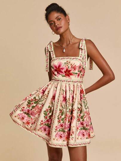 Travachic Vestido de Verão com Estampa Floral, Decote Quadrado, Sem Mangas, Cintura Marcada e Amarração na Frente, para Férias, Looks de Praia e Verão para Mulheres