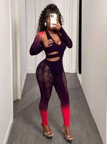 BamGleam Women Two-Piece Set Gradient Mesh Patchwork Sexy Long Sleeve Jumpsuit - Black - View 3