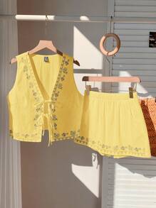Comfortcana Conjunto de 2 piezas estampado floral amarillo canario de estilo bohemio tejido, para verano - Amarillo - Ver 7