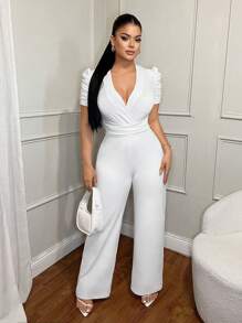 SHEIN SXY White Elegant Sexy V-Neck Jumpsuit With Waistline, Women Plus Clothing Business Casual, Women White Dress, Women Plus Clothing Formal, Women Summer Clothing, Wedding Guest Dress Women, Going Out Tops, Business Casual Woman, Teacher Outfits, Work Clothes Women, White Jumpsuit Classy Elegant, White Jumpsuit For Women, V Neck Jumpsuit, Teacher, All White - White - View 6