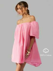 MISSGUIDED Off Shoulder Puff Sleeve Summer Mini Dress Flutter A-Line Party Wedding Guest Spring Bardot Dress Special Occasion Short Length - Pink - View 1