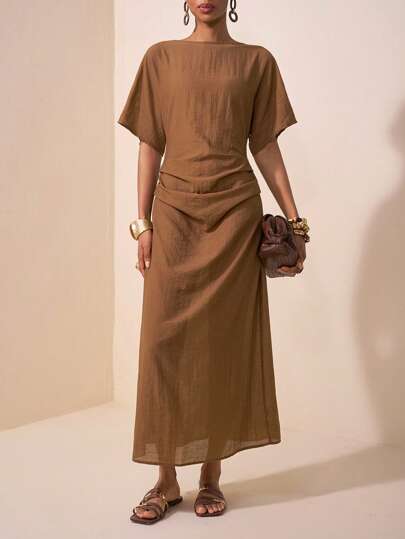 Zivah 2025 春夏新品 音乐节、复活节、圣帕特里克节、西部风、游牧风、生日派对、毕业季、学院风、学生装、日常穿搭、基础百搭通勤风、早午餐装、机场装 圆领短袖腰部褶饰长裙、纹理亚麻连衣裙、后拉链开衩长裙