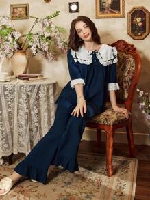 Côtesoire Conjunto de pijama de mujer estilo palacio con volantes tipo burbujas, parte superior y pantalones - azul real - Ver 5