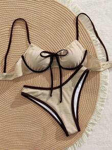 Swim Vcay White Textured Soft Cup & Underwire Bikini Set, Detachable Padded Top Tied With Brown Bow, Minimalistic Vacation Ladies Swimwear For Summer