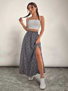 SHEIN VCAY Plus Size Women's Casual Ditsy Floral Elastic Waist Slit Hem Skirt, Autumn