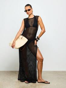 AiiRZ Open Knit Beach Cover Up Crochet Maxi Dress Resort Wear Summer Swim Cover Up Holiday Beachwear Side Slit Long Kaftan - Black - View 1