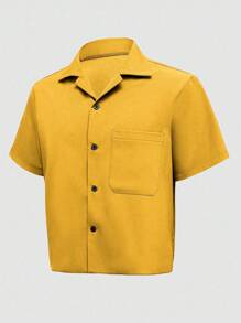 SHEIN Manfinity Dauomo Men's Simple Casual Daily Solid Color Pocket Short Sleeve Shirt - Yellow - View 3