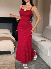 DAZY 女士收腰波尔卡圆点印花蝴蝶结饰边睡裙，返校服睡衣 - 紅色 - 查看 3