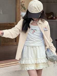 HELLO KITTY | DAZY 女童卡通字母条纹印花落肩长袖休闲衬衫 - 杏色 - 查看 5