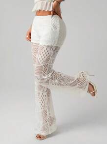 SHEIN ICON 复古超低腰纹理针织透视流苏腿紧身喇叭超长裤 - 米色 - 查看 3