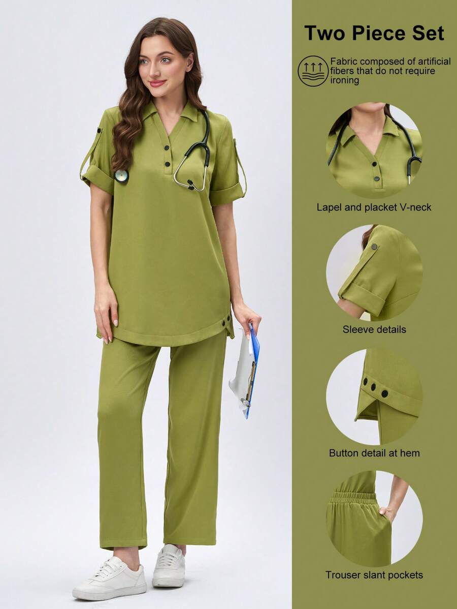 Scrubzie 2pcs Set Crew Neck Short Sleeve Top With Wrinkle-Resistant, Long Pants Uniform - Green - View 1