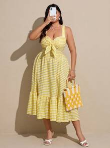 Viva Relle 大码休闲格子交叉背带宽松连衣裙