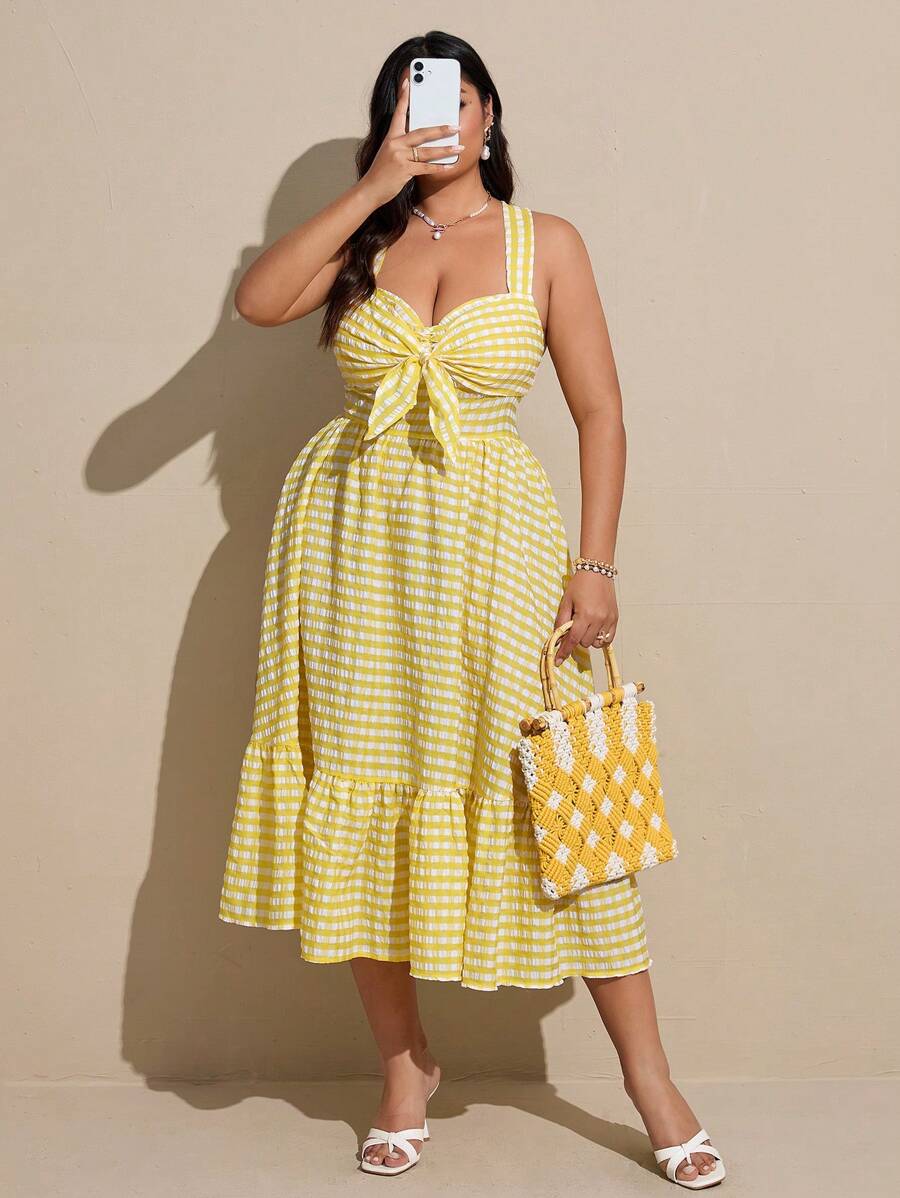 Viva Relle 大码休闲格子交叉背带宽松连衣裙