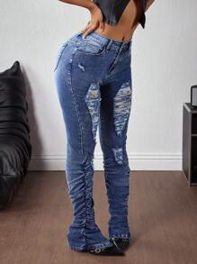SHEIN Unity Women's Pocket Distressed Ripped Ruched Skinny Casual Versatile Jeans - Dark Wash - View 7