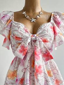 Soleia Plus Size Women's Sweetheart Neck Bowknot Front Ruffle Trim Embroidery Blouse, Elastic Waist Vacation Wear