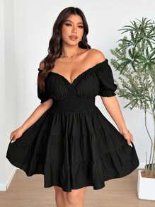 Vionelle Plus Size Woven Elegant V-Neck Puff Sleeve Ruffle Midi Dress - Black - View 3