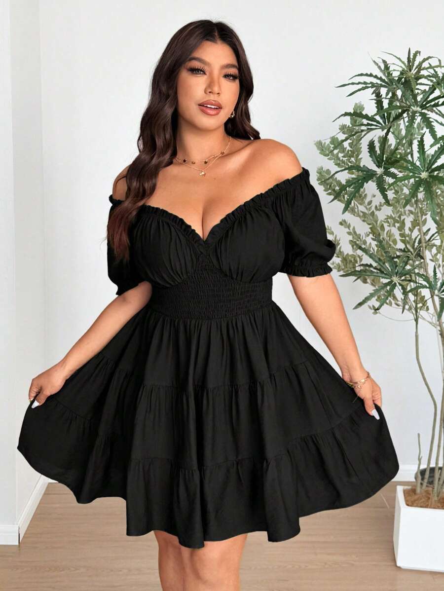 Vionelle Plus Size Woven Elegant V-Neck Puff Sleeve Ruffle Midi Dress - Black - View 1