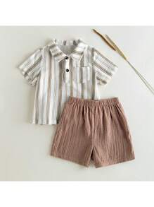 Loomiva 2 件套男婴彩色条纹 Polo 领短袖亨利衫和松紧腰短裤套装