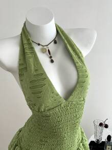 SHEIN Unity Vestido corto con volantes en la cintura, halter y espalda descubierta de unicolor para mujer - Verde - Ver 3
