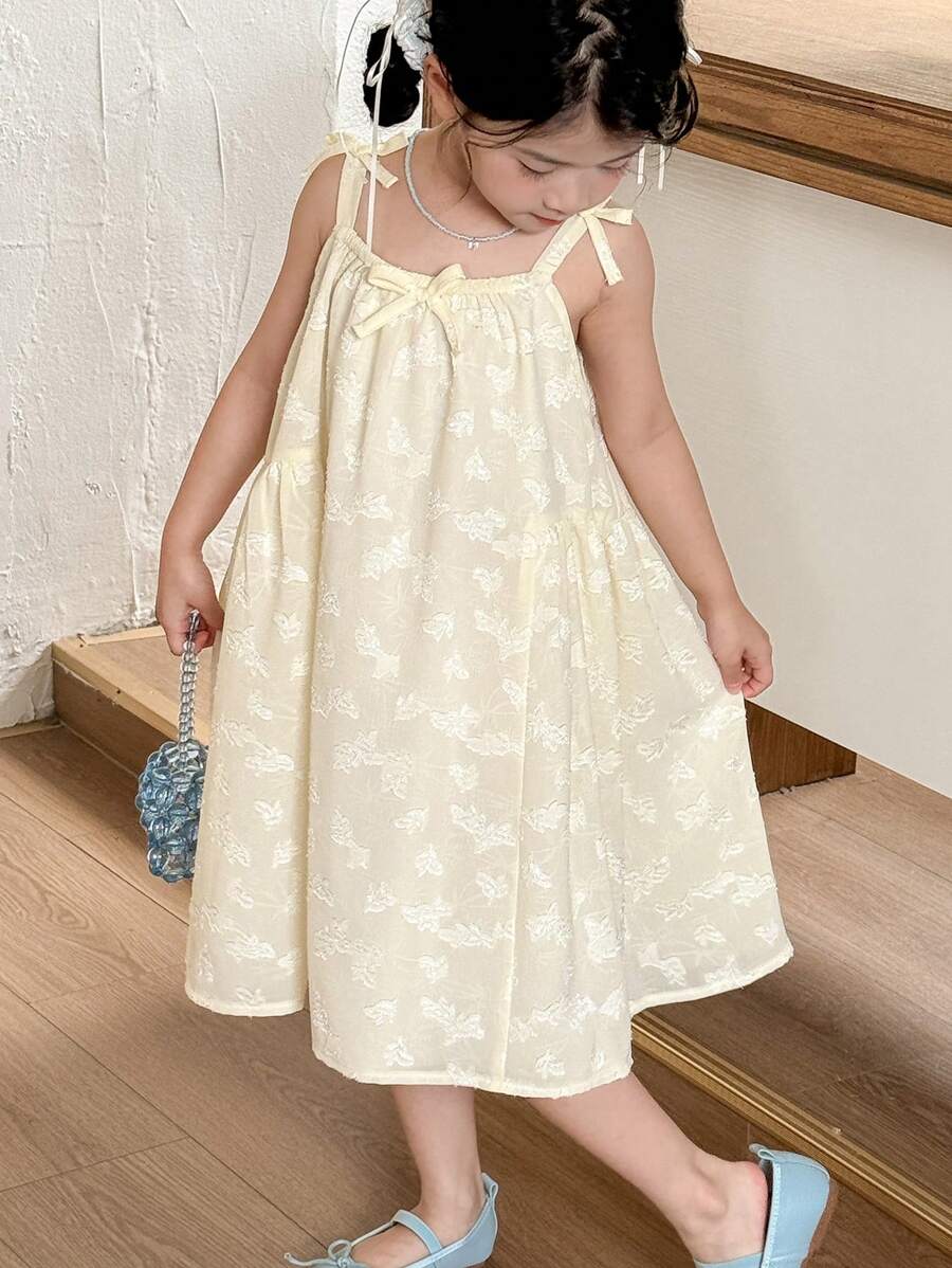 SHEIN 女童韩版/日系公主风黄色提花无袖连衣裙 - 彩色 - 查看 1