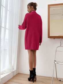 EURMUSE High Collar Drop Shoulder Ribbed Knit Solid Color Sweater Dress,Winter Dresses For Women,Petite - Hot Pink - View 2