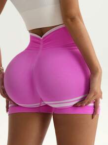 SHEIN Sport Studio Damen Sport Shorts, rosa gestreifte Zugbandshorts mit Raffung, nahtlos gestrickt, Yoga, Outdoor, Athletik Shorts, Trainingsshorts