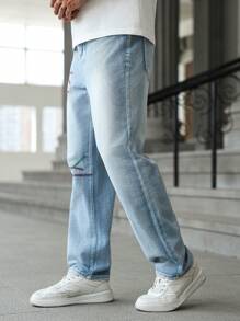 Manfinity LEGND 男士直筒宽松休闲百搭宽松牛仔裤，带口袋 - 藍色 - 查看 5