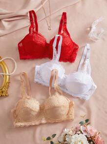 Bralution 3 件套简约女士钢圈文胸，蕾丝性感内衣，法式浪漫文胸 - 彩色 - 查看 3