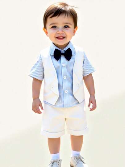 SHEIN Explorewe 3pcs/Set Toddler Boys' Casual Blue & White Striped Vest + Shorts Gentleman Summer Outfit, Suitable For Vacation, Party, Outdoor & Social Occasions