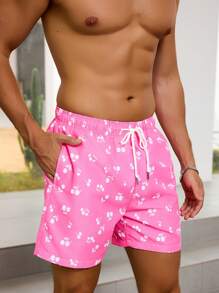 Manfinity Men's Cherry Print Drawstring Waist Pocket Beach Shorts - Pink - View 6