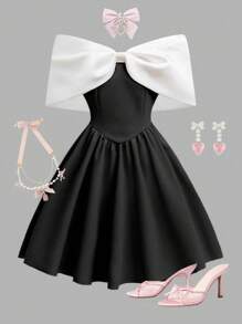 Tween-Mädchen Kleid , Off-Shoulder, Schleife, kurzer Glockenrock, elegant, lässig für Urlaub, Rüschenbesatz, rosa, Frühlings-/Sommerpartykleider, klassische Kleider - Schwarz - Übersicht 4