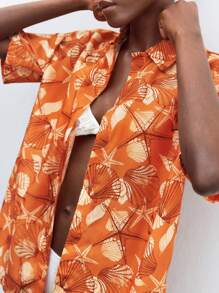 Maija Casual Orange Hawaiian Style Button-Front Long Shirt For Women, Featuring Seashell & Starfish Print, Perfect Half Sleeve Beachwear. - Brown - View 6