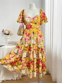Flirla Robe d'été à encolure carrée, taille empire, volants aux manches et ourlet à volants, imprimé floral tropical, pour femmes en grandes tailles - Multicolore - Voir 1