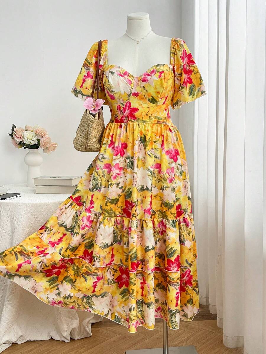 Flirla Robe d'été à encolure carrée, taille empire, volants aux manches et ourlet à volants, imprimé floral tropical, pour femmes en grandes tailles - Multicolore - Voir 1