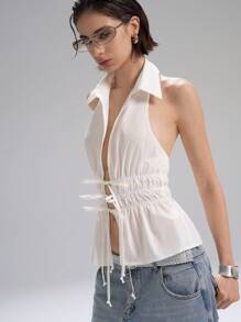 LYSMO White Summer Seksi Chic Club Night Women's Halter Neck Backless Gathered Waist Slim-Fit A-Line Tie-Front Shirt,Siren Chic Office Casual Workwear Top - White - View 5