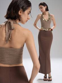 LYSMO 2025 新款夏季女式亮片露背深 V 领修身针织上衣，镂空纹理，编织风格，波西米亚度假风情，非常适合夏季派对、海滩郊游和独特造型，复古 - 卡其色 - 查看 3