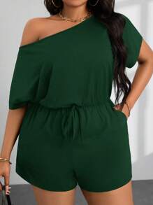 SHEIN PETITE CURVE 女式大码夏季休闲露肩短袖连体裤 - 墨綠色 - 查看 3