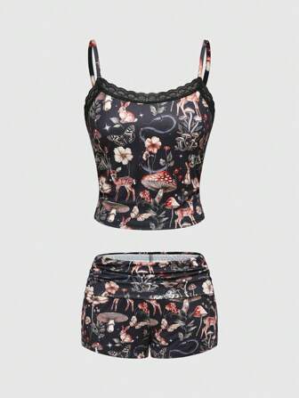 Goth Conjunto de camiseta y pantalones cortos de estar en casa con estampado todo sobre de setas, flores, plantas, conejos y ciervos, ropa de dormir informal