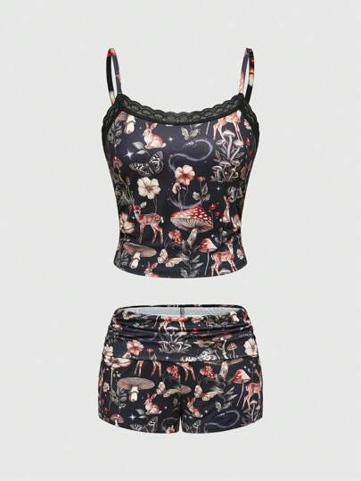 Goth Mushroom, Floral, Plant, Rabbit, Deer All-Over Print Camisole & Shorts Lounge Set, Casual Sleepwear