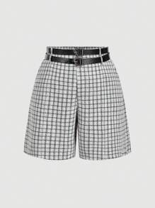 SHEIN MOD Plus Size Women Gray High Waist Shorts With Dual Belt Decor,Tweed, Black And White Check, Double Belt, High Waist Shorts, Office Siren Style